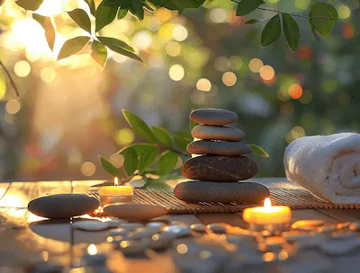 Stacked massage stones, lit candles, and a white towel, creating a relaxing atmosphere at sunset.