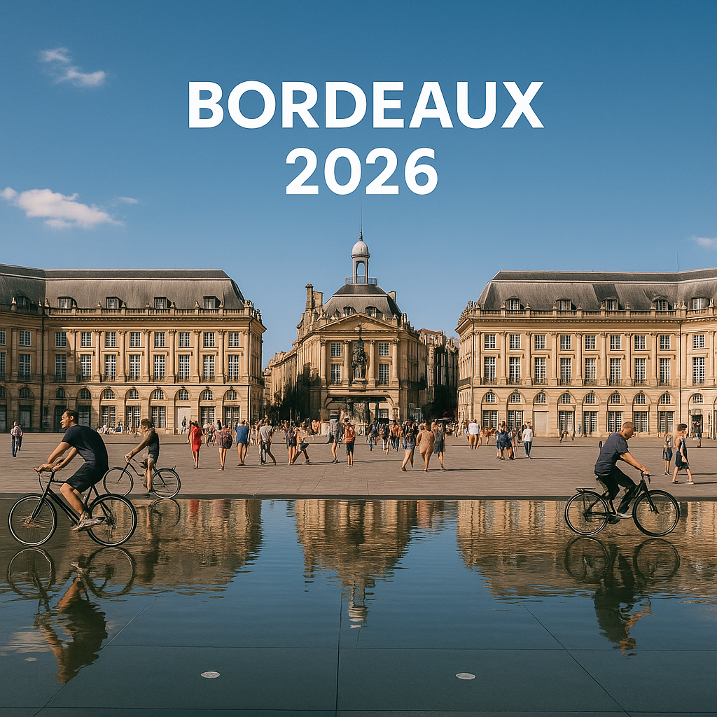 Iconisch uitzicht op Bordeaux in 2026, met de Place de la Bourse en de Pont de Pierre die de historische elegantie van de stad weerspiegelen.