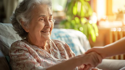 Une femme senior souriante recevant une poignée de main chaleureuse dans un cadre ensoleillé.