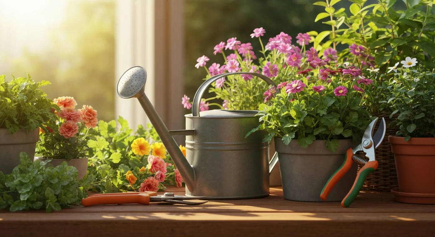 Garden maintenance with tools and seasonal flowers