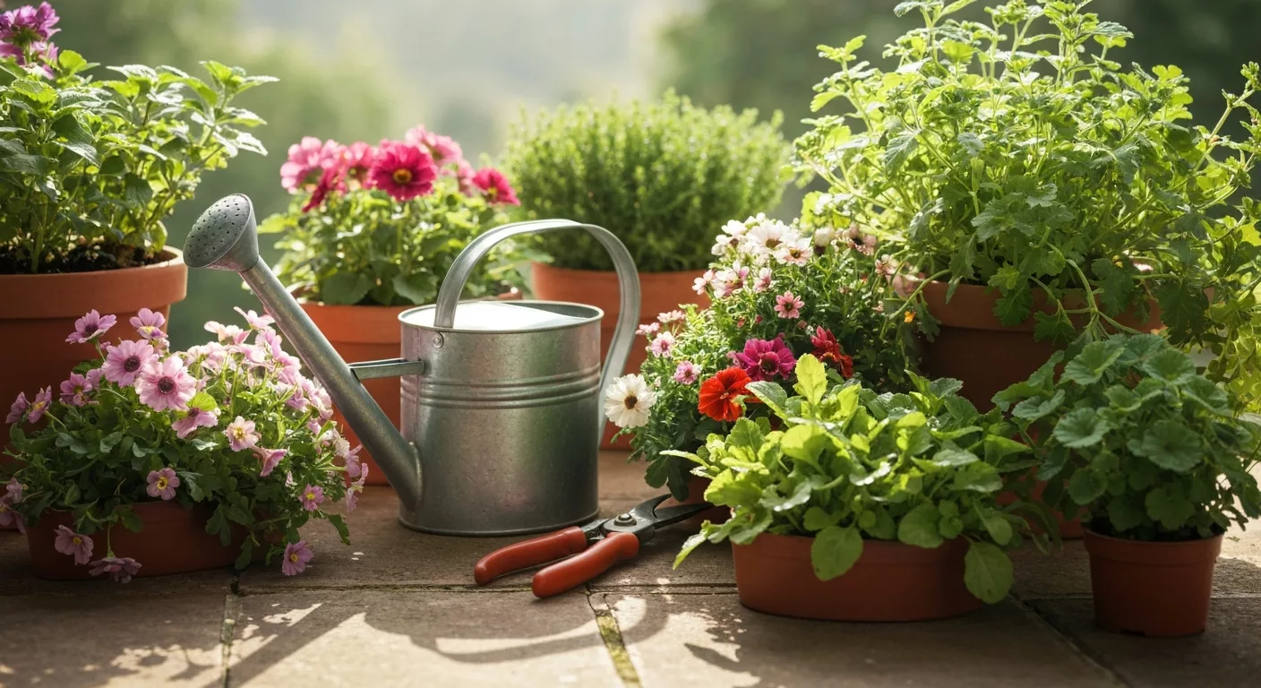 Gartenpflege mit Werkzeugen und saisonalen Blumen