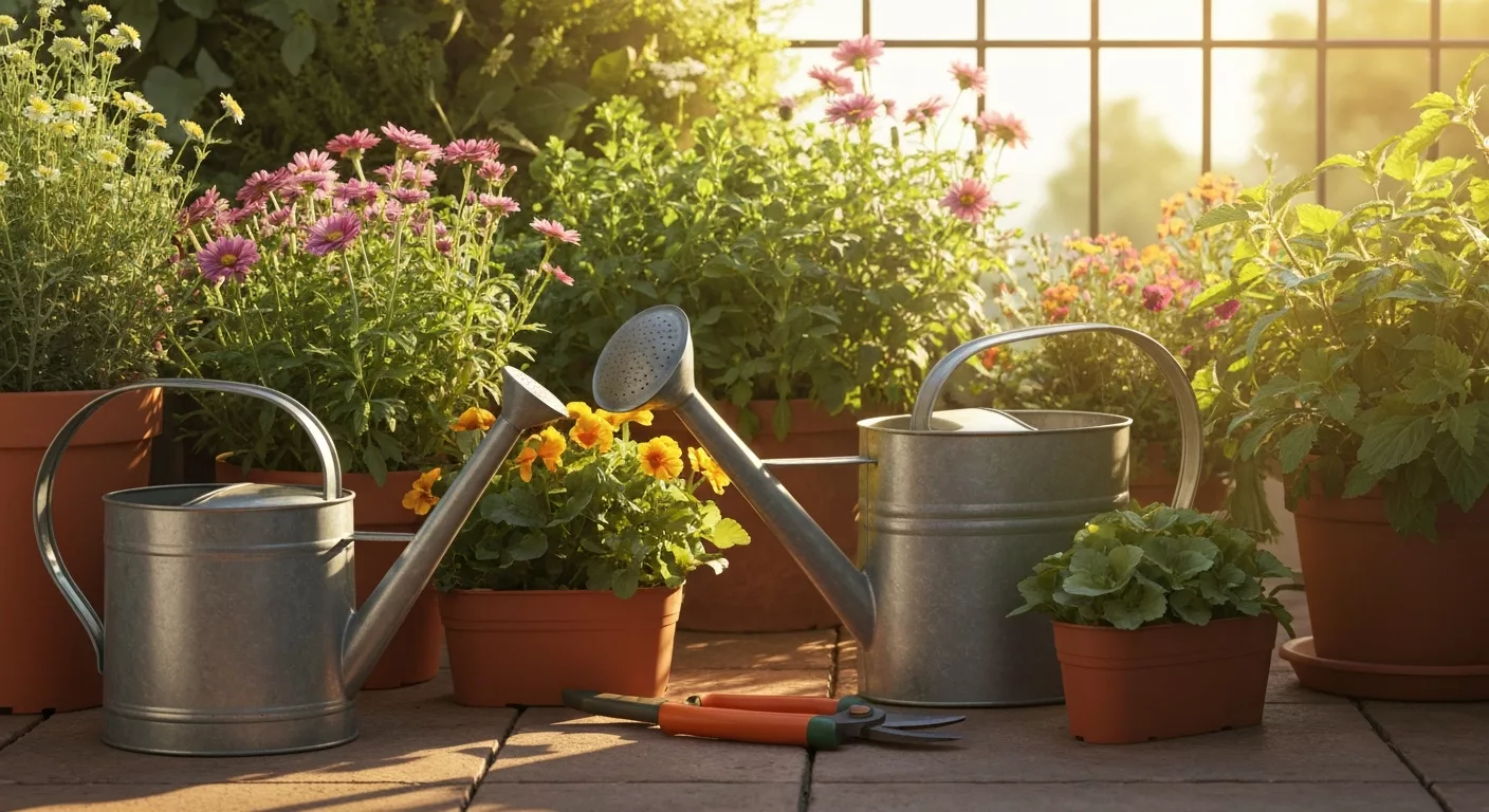 Gartenpflege mit Werkzeugen und saisonalen Blumen