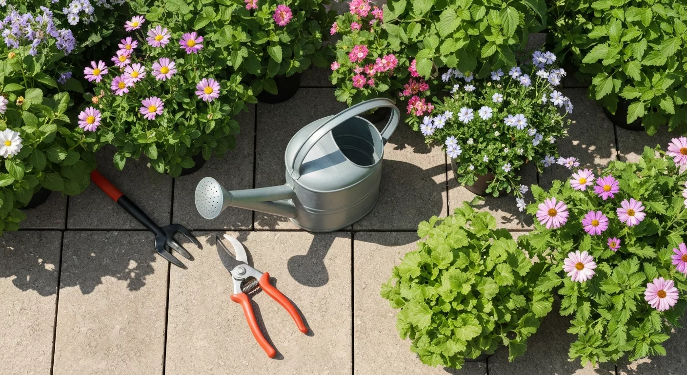 Tuinonderhoud met gereedschap en seizoensbloemen