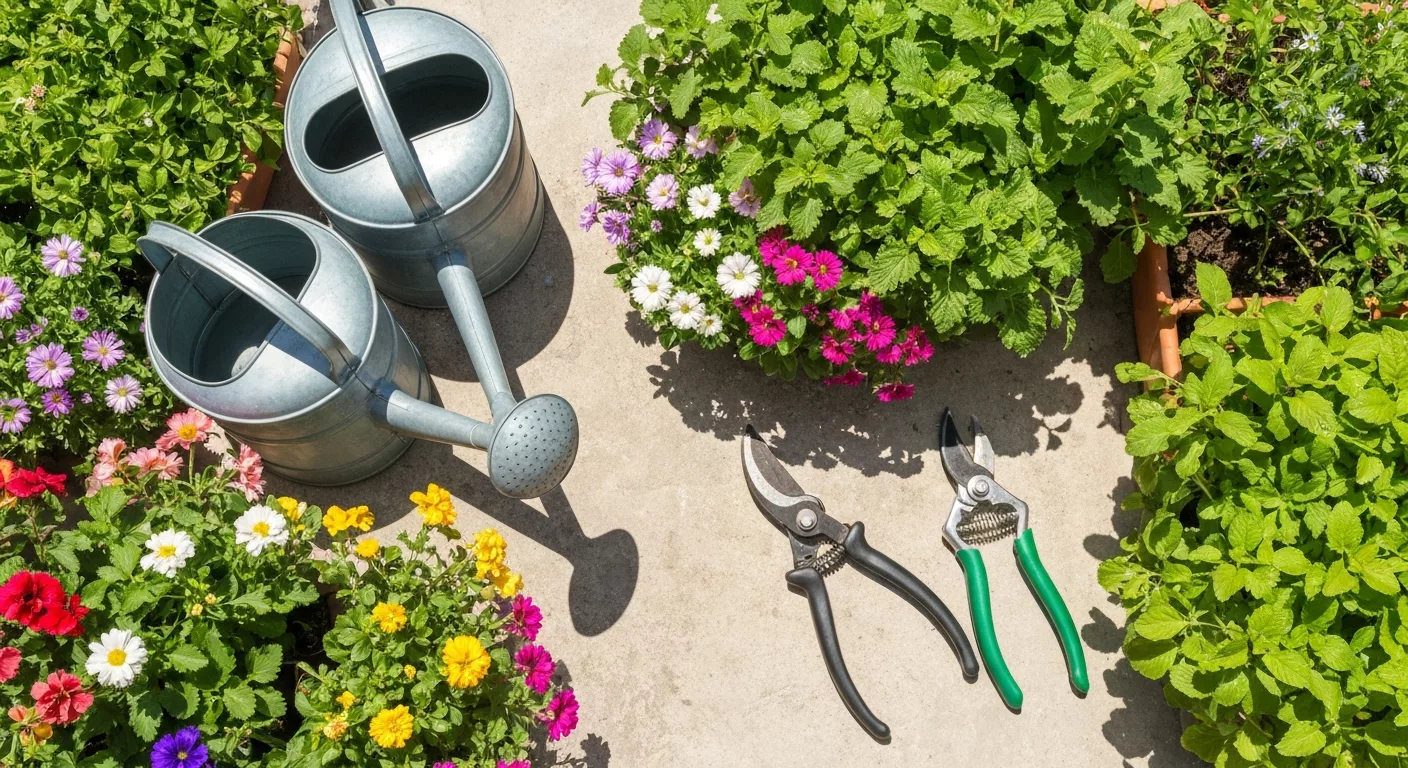 Garden maintenance with tools and seasonal flowers