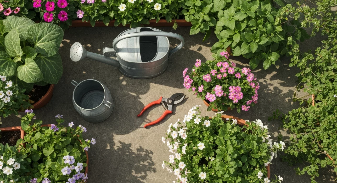 Garden maintenance with tools and seasonal flowers