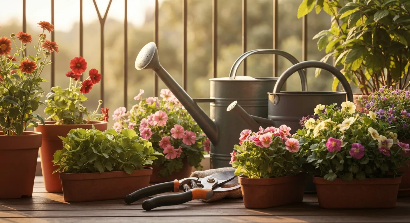 Gartenpflege mit Werkzeugen und saisonalen Blumen