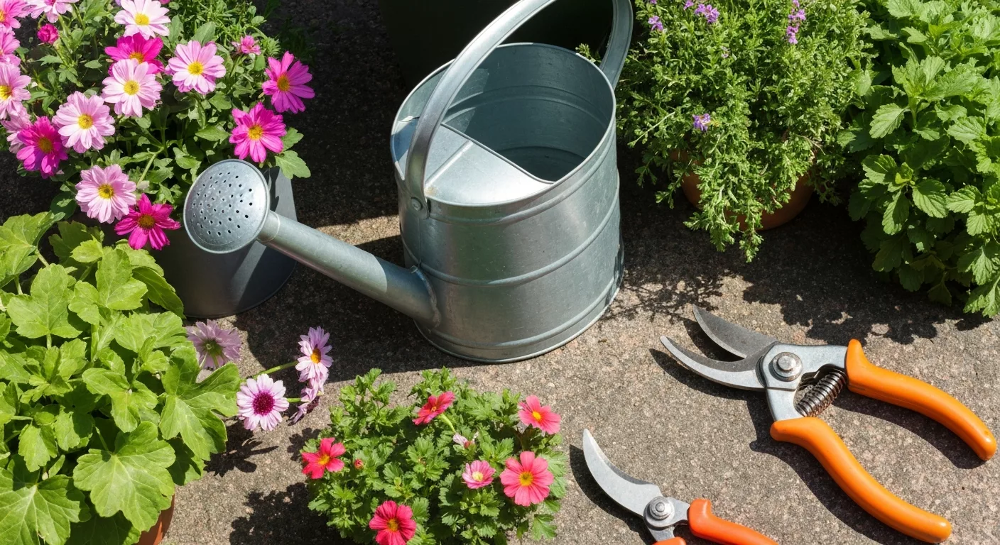 Gartenpflege mit Werkzeugen und saisonalen Blumen