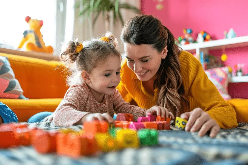 Een moeder speelt met haar dochter in een kleurrijke kamer, wat de kwaliteit van de tijd die met het kind wordt doorgebracht en het belang van kinderopvang symboliseert.